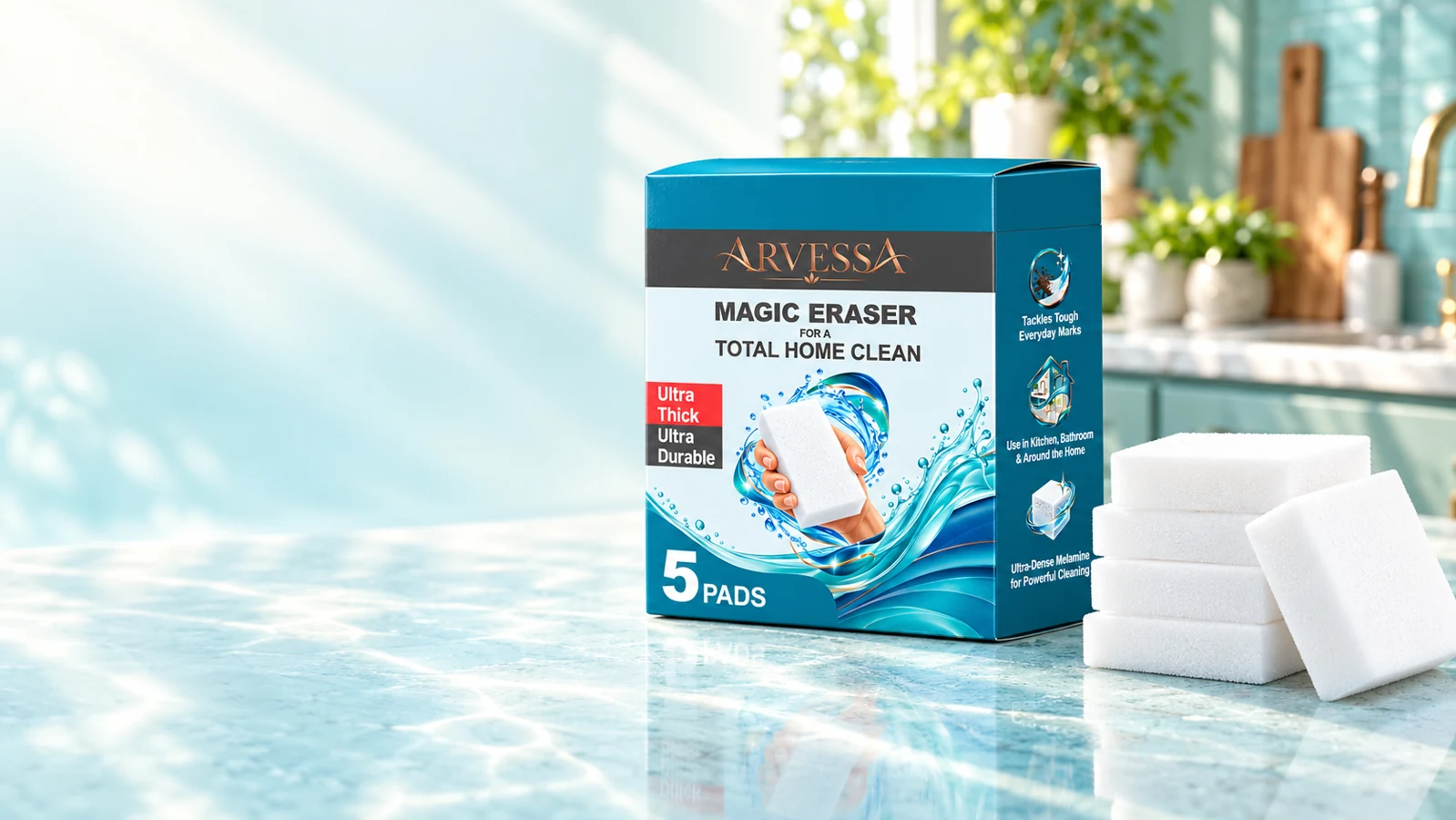 Arvessa Magic Eraser five-pad packaging render