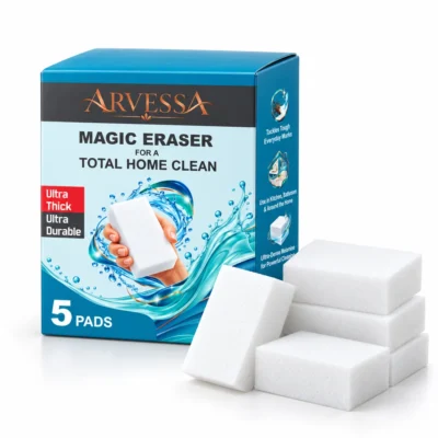 Arvessa Magic Eraser five-pad pack with white melamine sponges — packaging render
